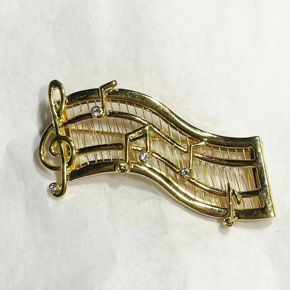80s Gold Tone Music Bar Theme Clear Rhinestone Brooch - Picture 1 of 4